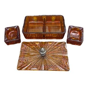 Vintage MCM cigarette smoking amber glass ashtray set with acorn detail VGUC